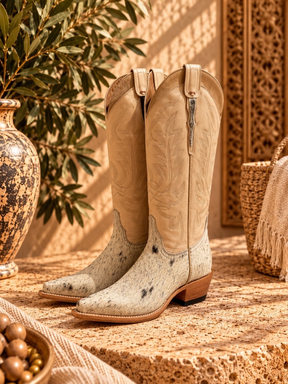 Genuine Leather Cowhide Western Cowboy Boots Tan Pointed Toe Calf Hair Cowgirl